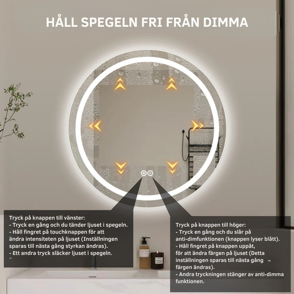 Rund spegel med LED-ljus (front + backlight) och värme Ø80 cm