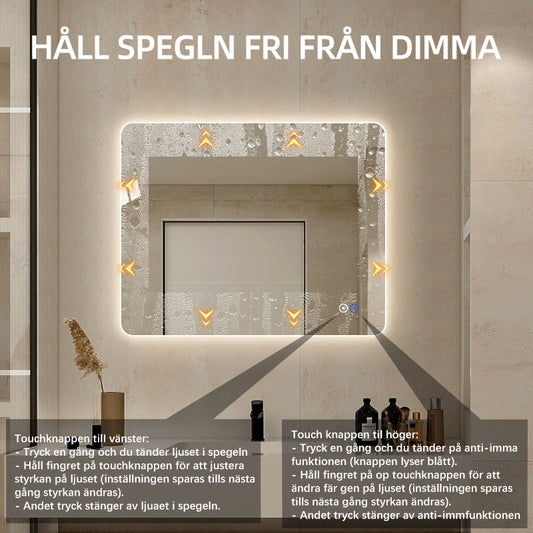 Rektangulär spegel med LED-ljus och värme, 100x80 cm