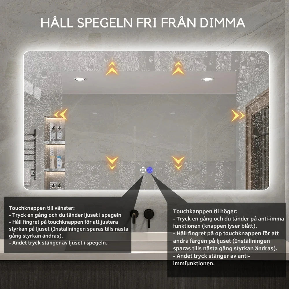 Rektangulär spegel med LED-ljus och värme 200x80 cm