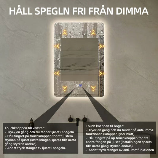 Rektangulär spegel med LED-ljus och värme, 50x80 cm
