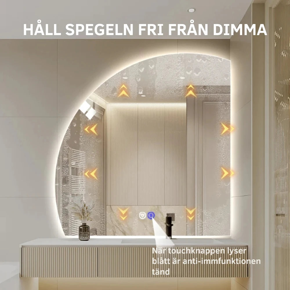 Halvcirkelspegel med LED-ljus och värme, 100x100 cm (Vänstervänd)