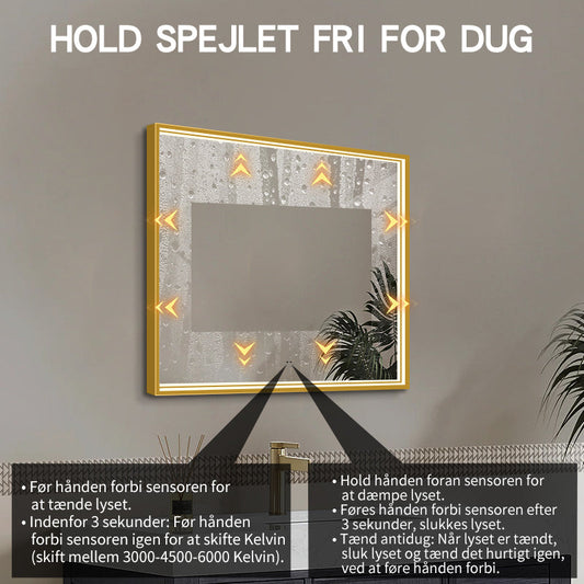 Fyrkantig spegel med LED-ljus i ram och värme 80x80 cm, guld ram