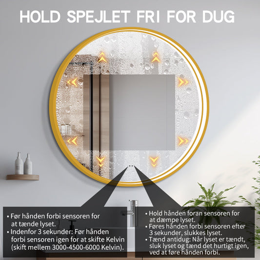 Rund spegel med LED-ljus i ram och värme Ø100, guld ram