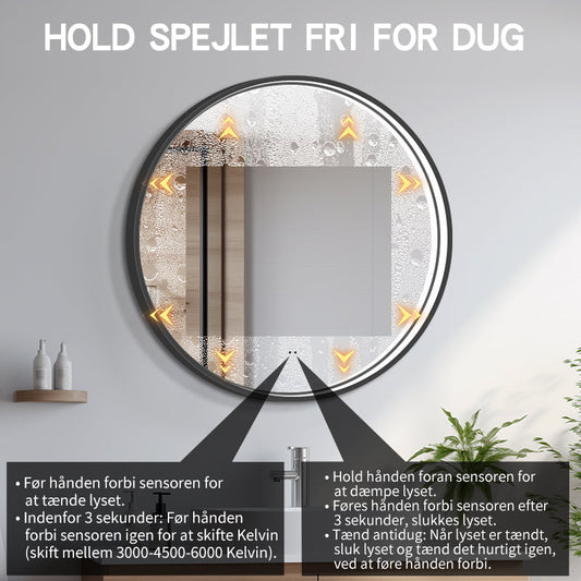 Rund spegel med LED-ljus i ram och värme Ø90, svart ram