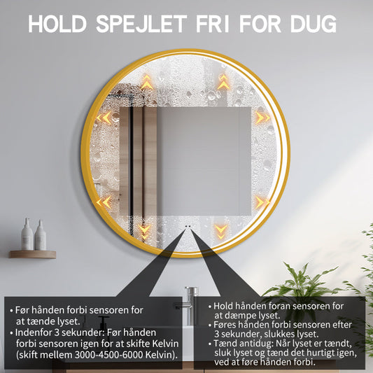 Rund spegel med LED-ljus i ram och värme Ø90, guld ram