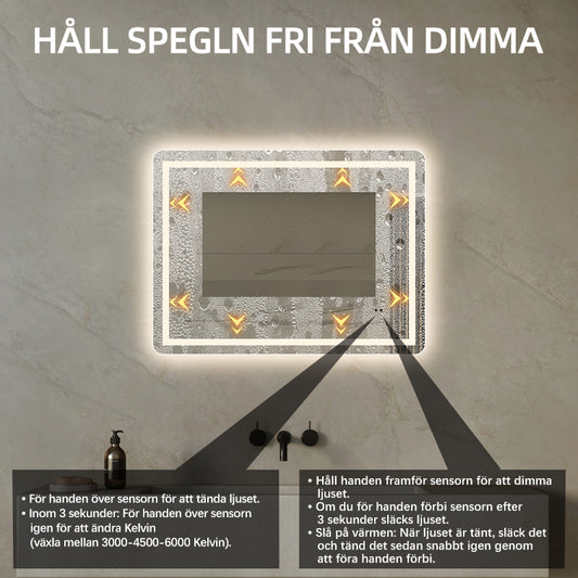 Fyrkantig spegel med LED-ljus (front + backlight) och värme 80x60 cm