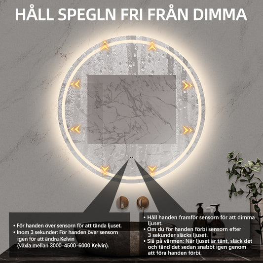 Rund spegel med LED-ljus (front + backlight) och värme Ø90 cm