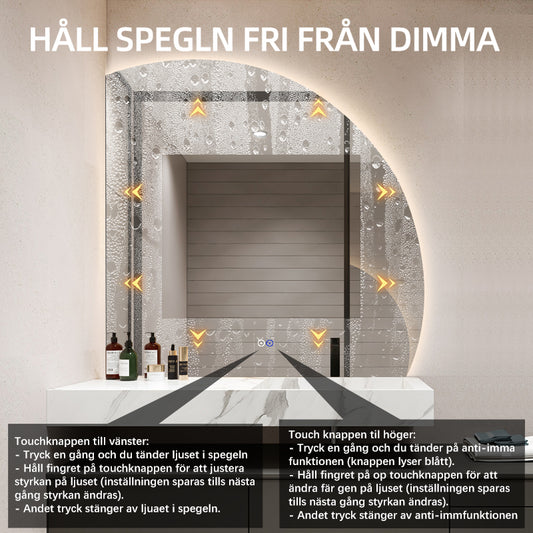 1/4 rund spegel med LED-ljus och värme, 100x100 cm (Högervänd)