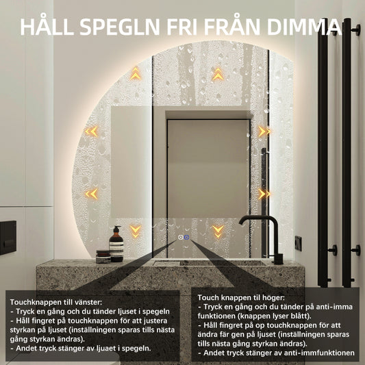 Halvcirkelspegel med LED-ljus och värme, 100x100 cm (Vänstervänd)