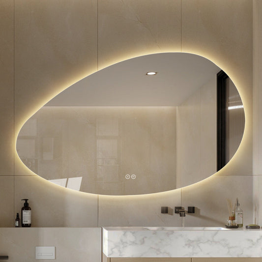 Asymmetrisk spegel med LED-ljus och värme, 120x75 cm (Högervänd)