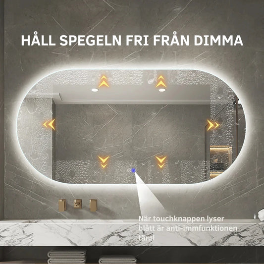 Ovalt Spejl med LED-lys og Antidug 150x80 cm. Yderst velegnet til badeværelse.