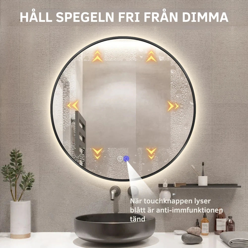 Rund spegel med LED-ljus och värme, Ø60 cm med svart ram