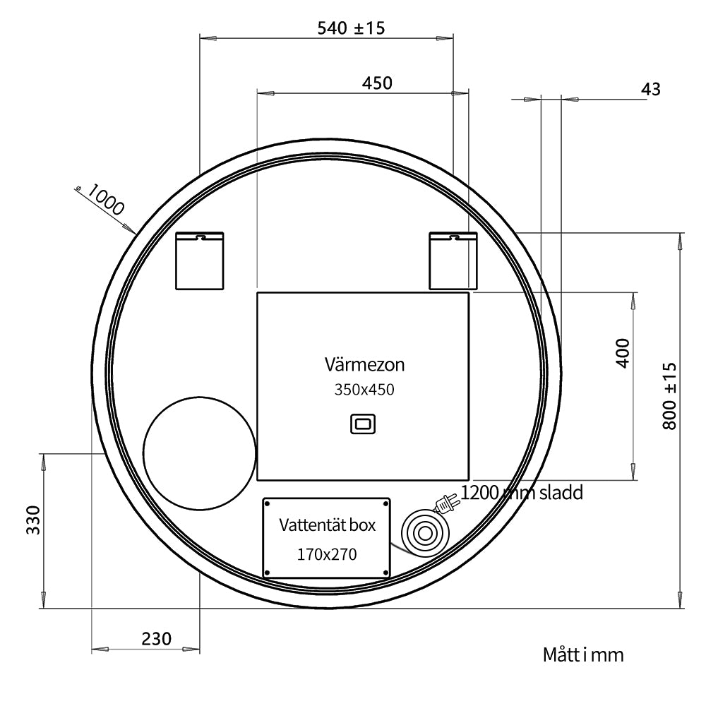 Rund spegel med LED-ljus och värme, Ø100 cm