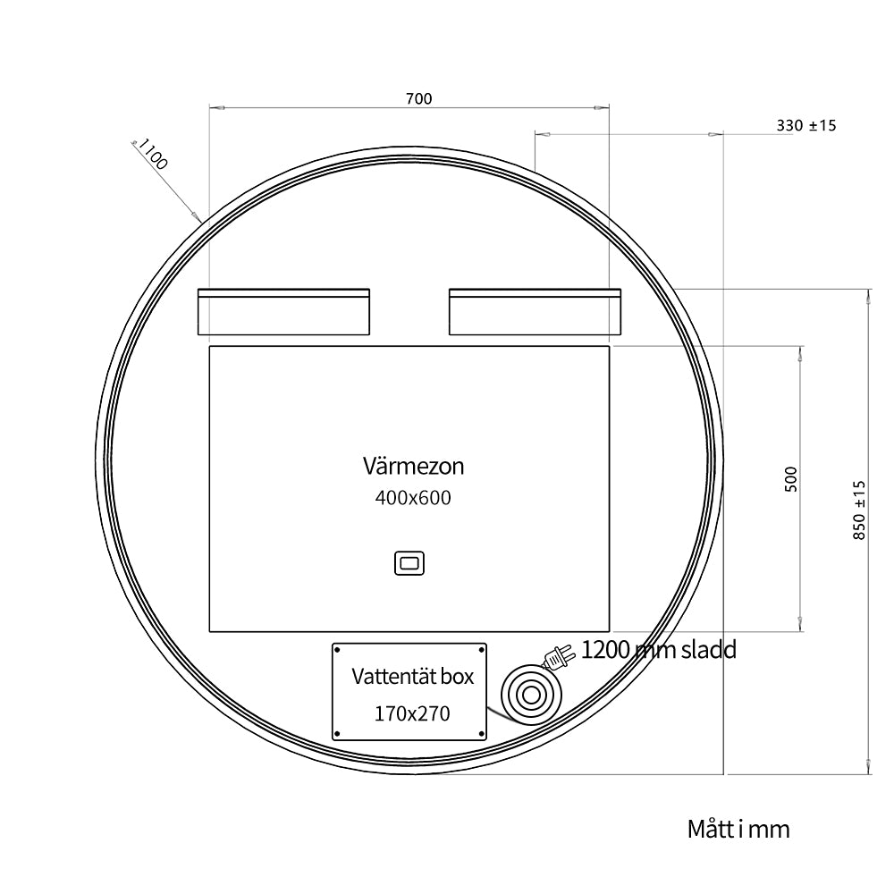 Rund spegel med LED-ljus och värme, Ø110 cm