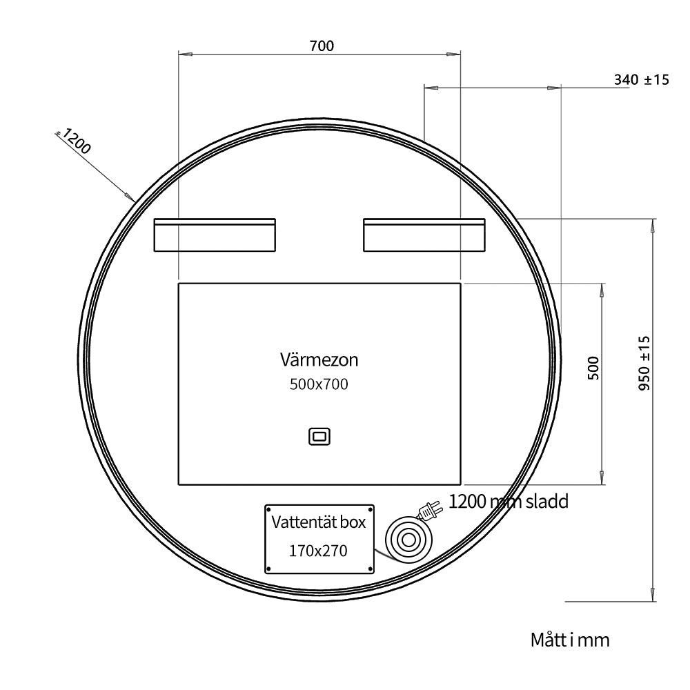 Rund spegel med LED-ljus och värme, Ø120 cm