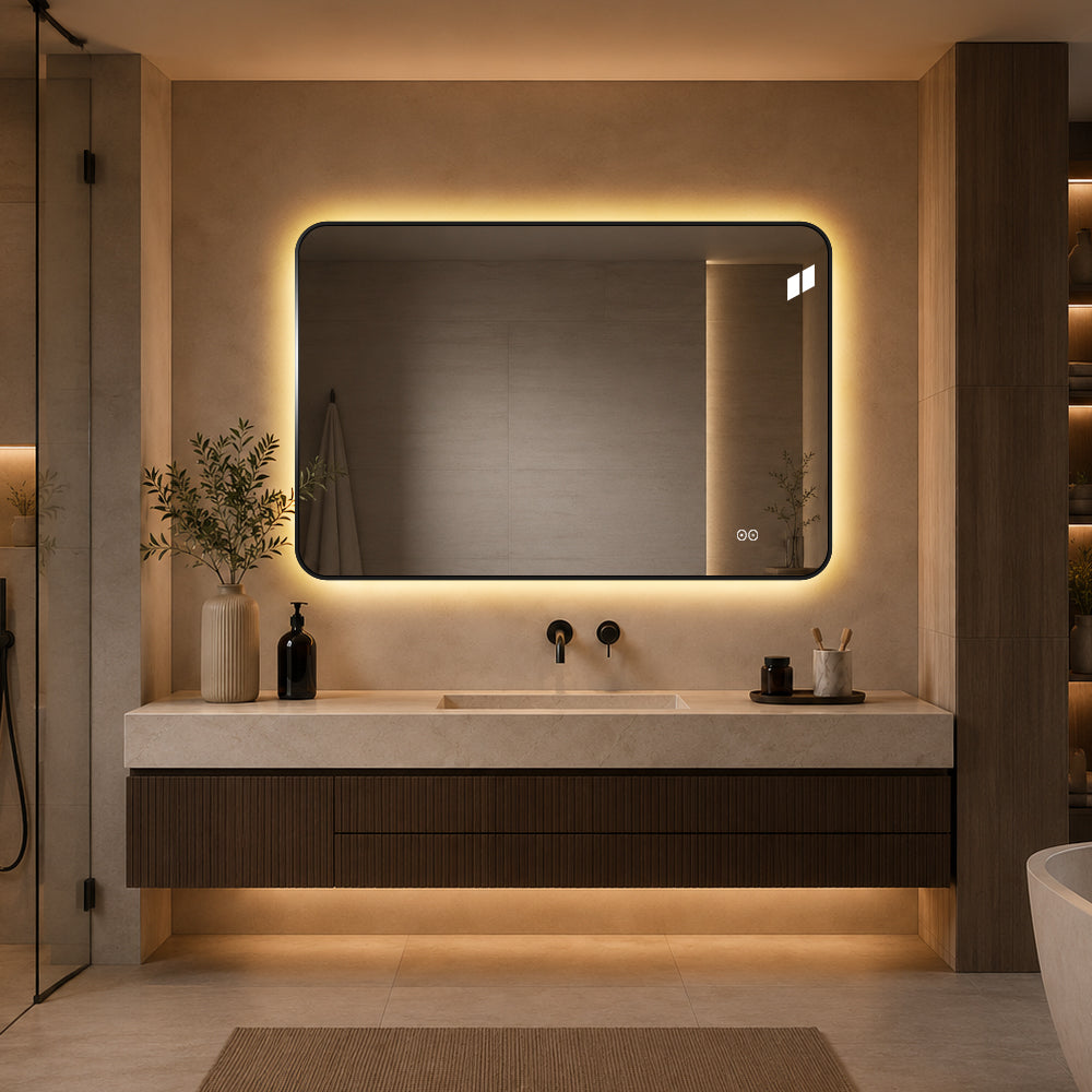 Rektangulär spegel, med LED-ljus och värme, 120x80 cm - Svart ram, runda hörn