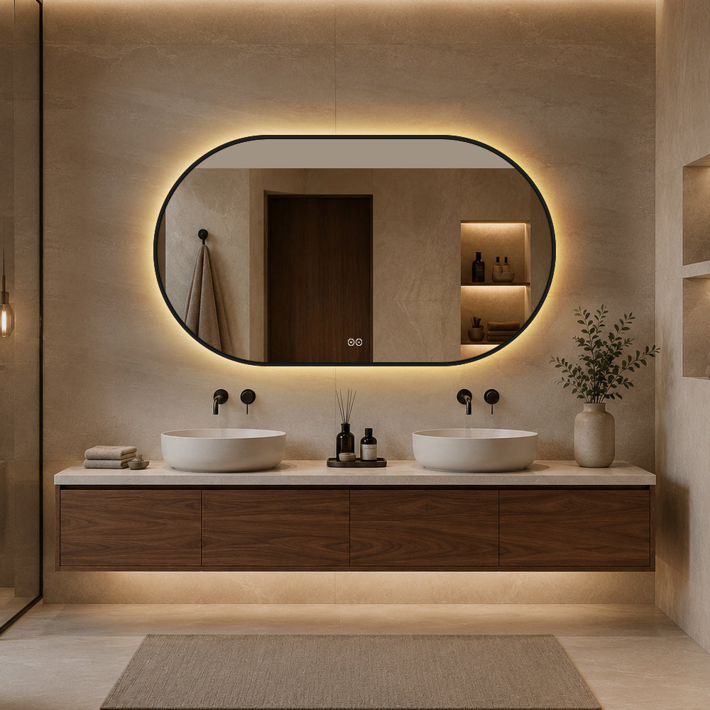 Oval Spegel med LED-ljus och Antidimma 140x80 cm m/svart ram