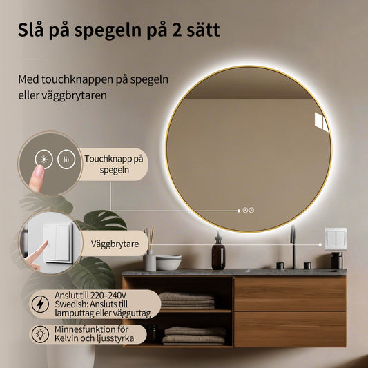 Rund spegel med LED-ljus och värme, Ø80 cm med guld ram