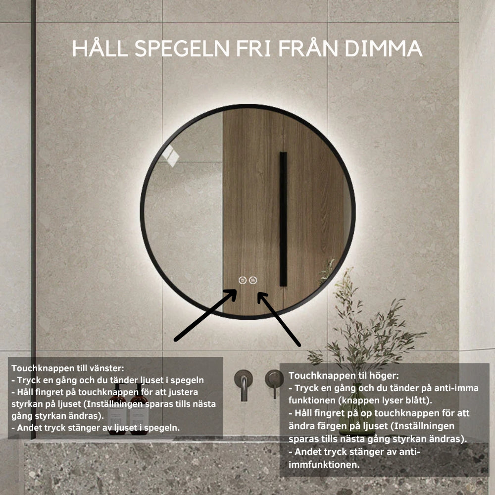 Rund spegel med LED-ljus och värme, Ø70 cm med svart ram