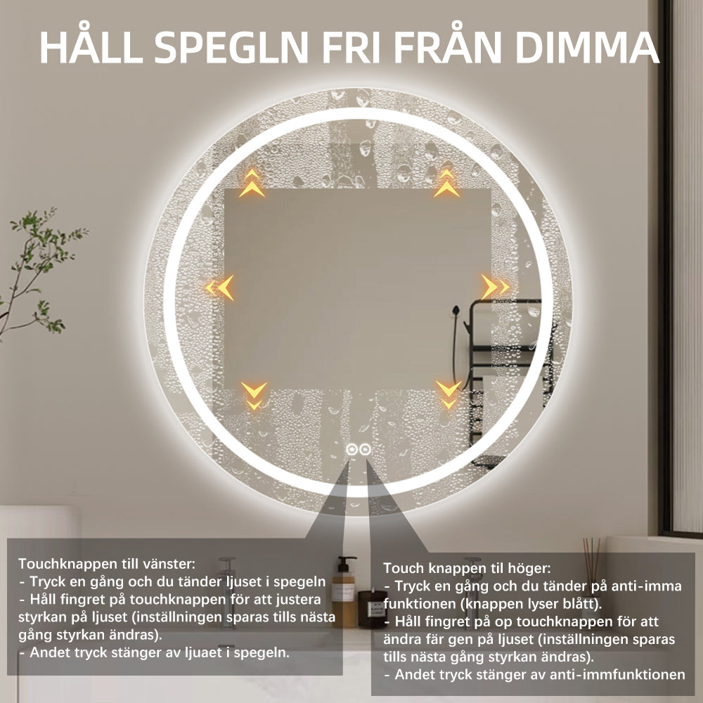 Rund spegel med LED-ljus (front + backlight) och värme Ø100 cm