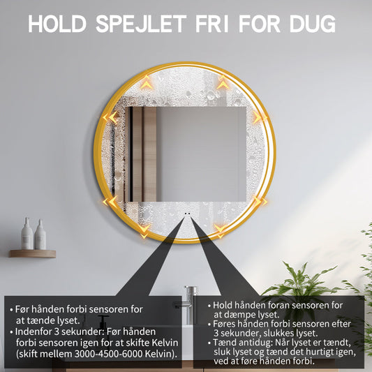 Rund spegel med LED-ljus i ram och värme Ø80, guld ram