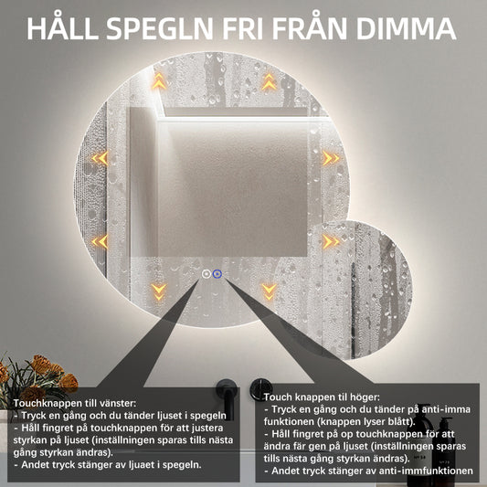 Dubbelspegel med LED-ljus och värme, Ø80 + Ø40 cm (Vänstervänd)