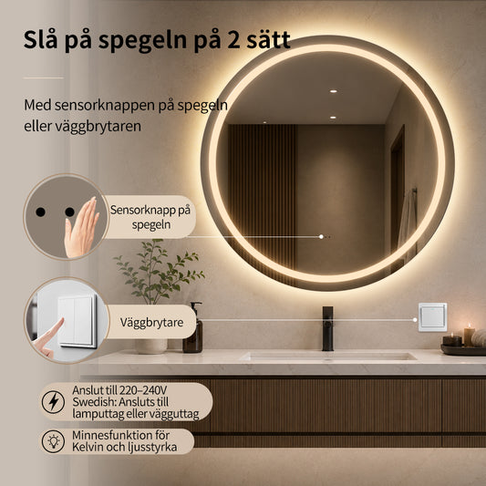 Rund spegel med Frontlight LED-ljus och värme Ø80 cm