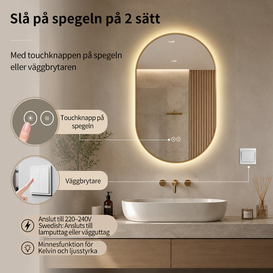 Oval spegel med ljus och värme, 50x80 cm med guld ram