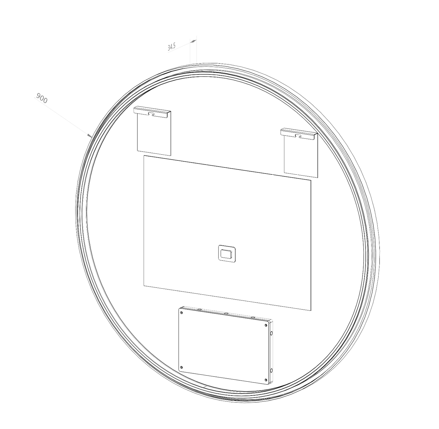 Rund spegel med LED-ljus och värme, Ø90 cm med svart ram