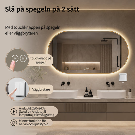 Oval spegel med ljus och värme, 150x80 cm med guld ram