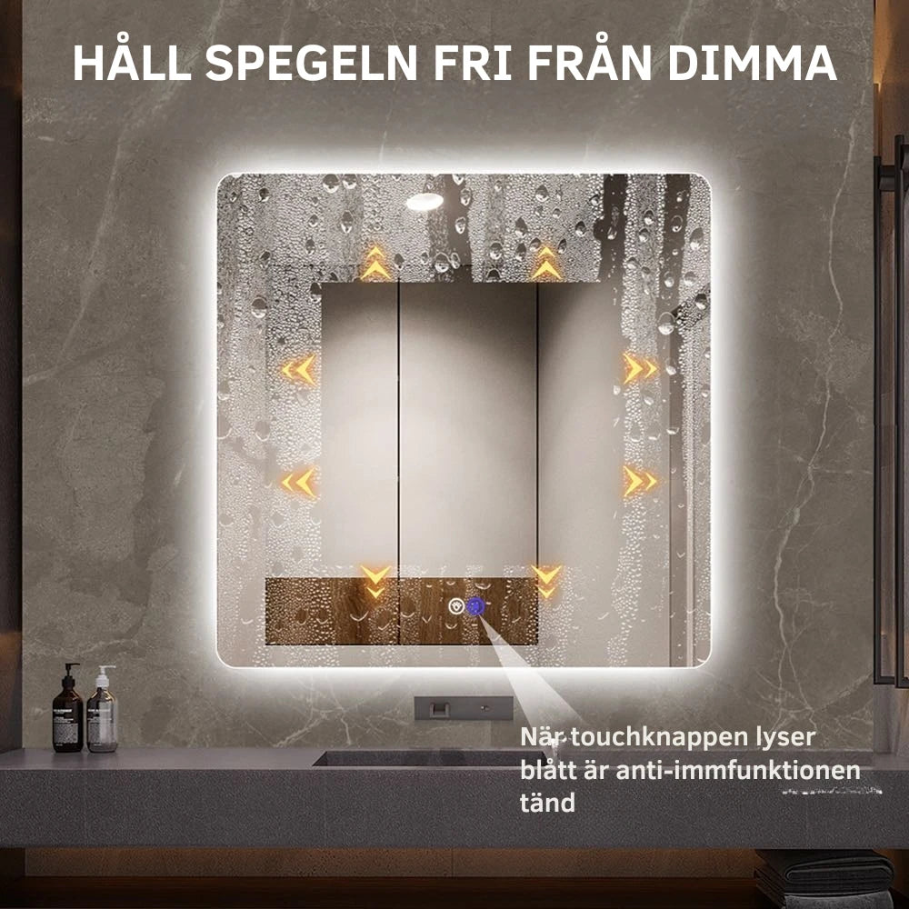 Fyrkantig spegel med LED-ljus och värme, 100x100 cm
