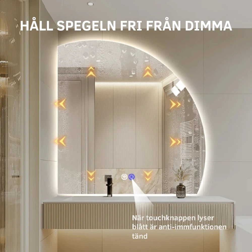 1/4 rund spegel med LED-ljus och värme, 100x100 cm (Högervänd)