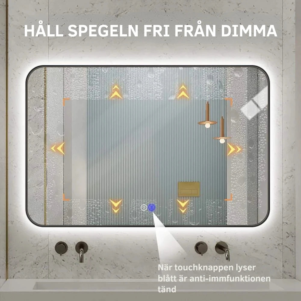 Rektangulär spegel, med LED-ljus och värme, 120x80 cm - Svart ram, runda hörn