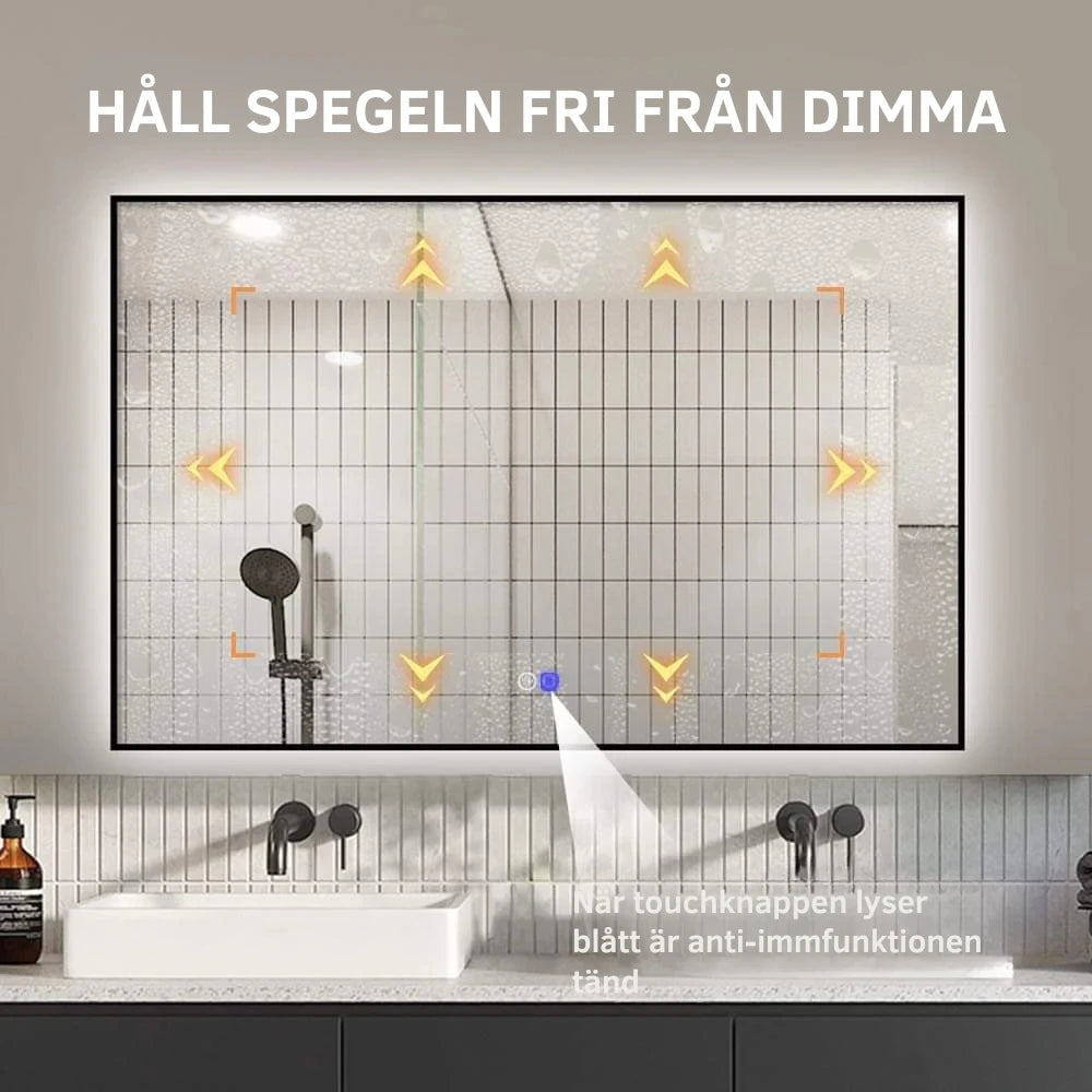 Rektangulär spegel med LED-ljus och värme, 120x80 cm - Svart ram 90º