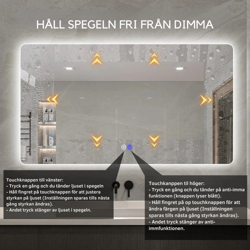 Rektangulär spegel med LED-ljus och värme, 140x80 cm