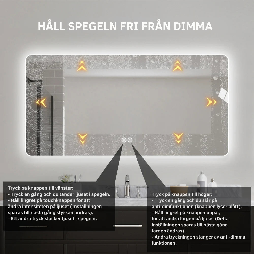 Rektangulär spegel med LED-ljus och värme, 160x80 cm