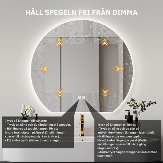 Rund spegel med LED-ljus och värme, Ø100 cm - Skuren