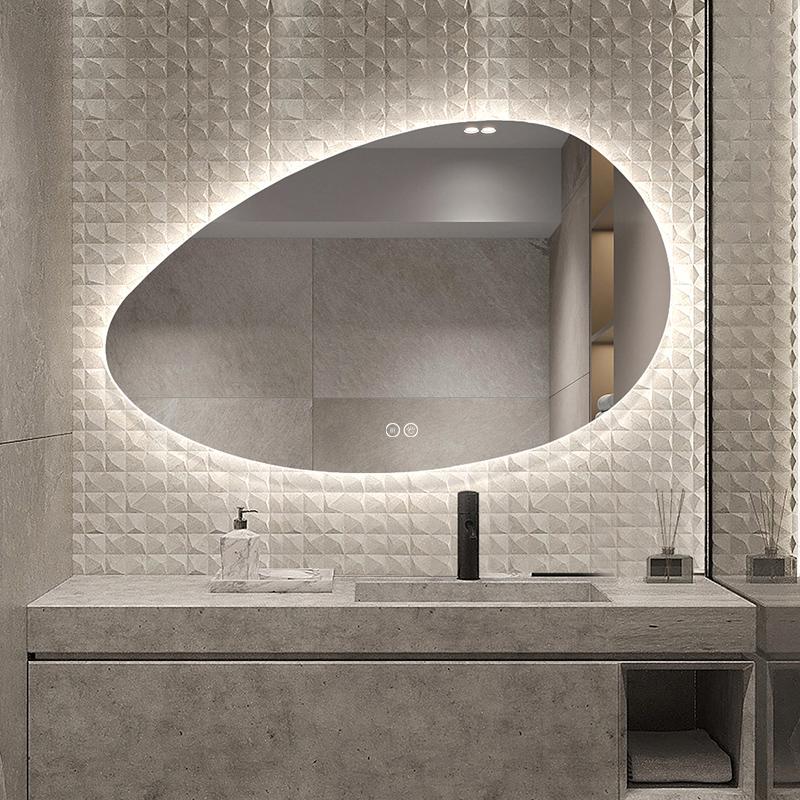 Asymmetrisk spegel med LED-ljus och värme, 120x75 cm (Högervänd)