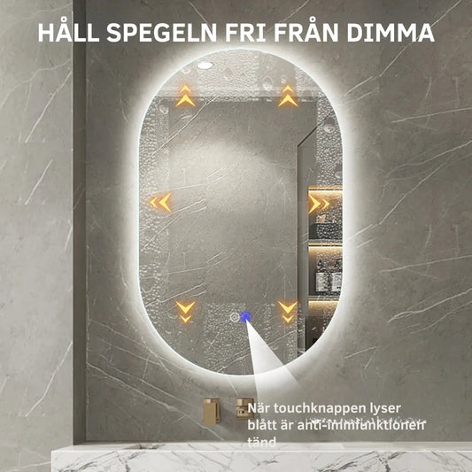 Ovalt spejl med LED-lys, antidug (varme) funktion. Bredde: 50 cm og højde: 80 cm.