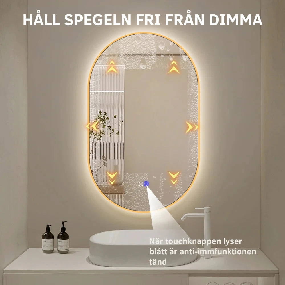 NYHET: Oval spegel med ljus och värme, 50x80 cm med guld ram