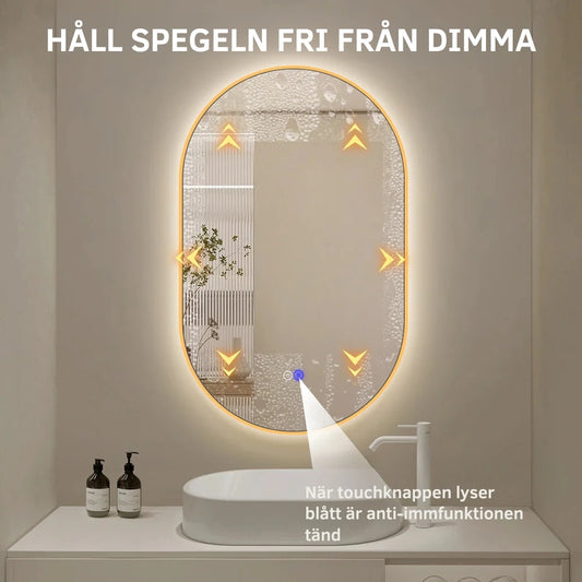Ovalt Spejl med Lys og Antidug 50x80 cm m/guld ramme