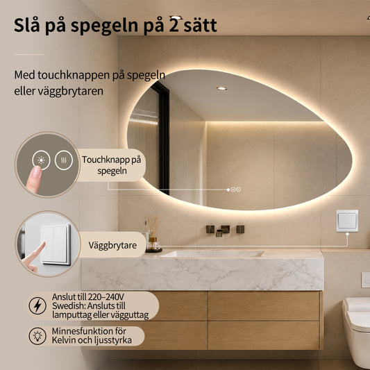 Asymmetrisk spegel med LED-ljus och värme, 120x75 cm (Vänstervänd)