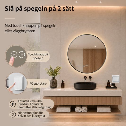 Rund spegel med LED-ljus och värme, Ø70 cm med svart ram