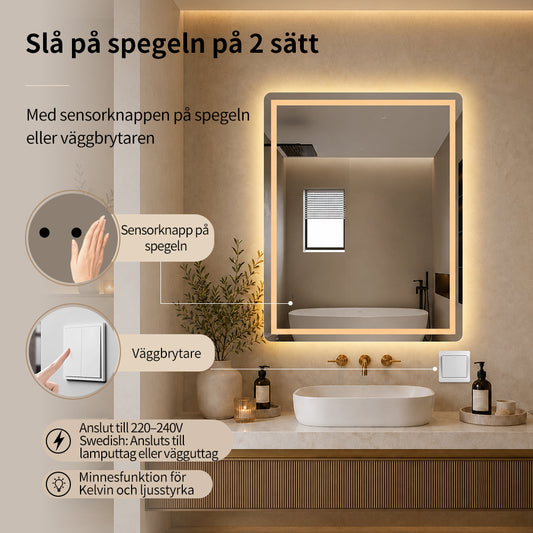 Fyrkantig spegel med Frontlight LED-ljus och värme 80x100 cm