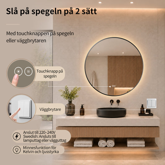 Rund spegel med LED-ljus och värme, Ø80 cm med svart ram