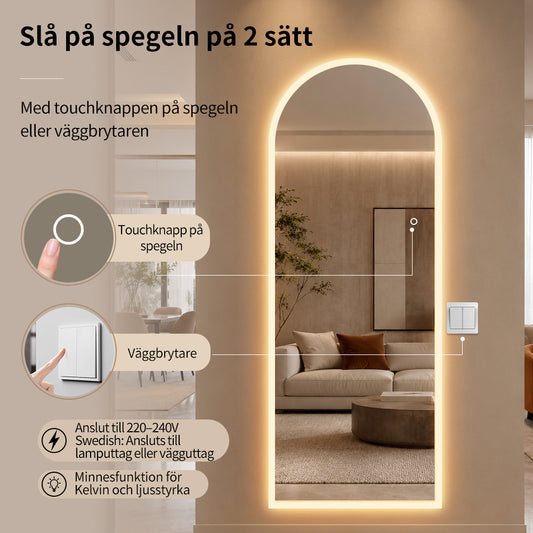 Helfigur Spegel med LED-ljus 65x170 cm, välvd topp
