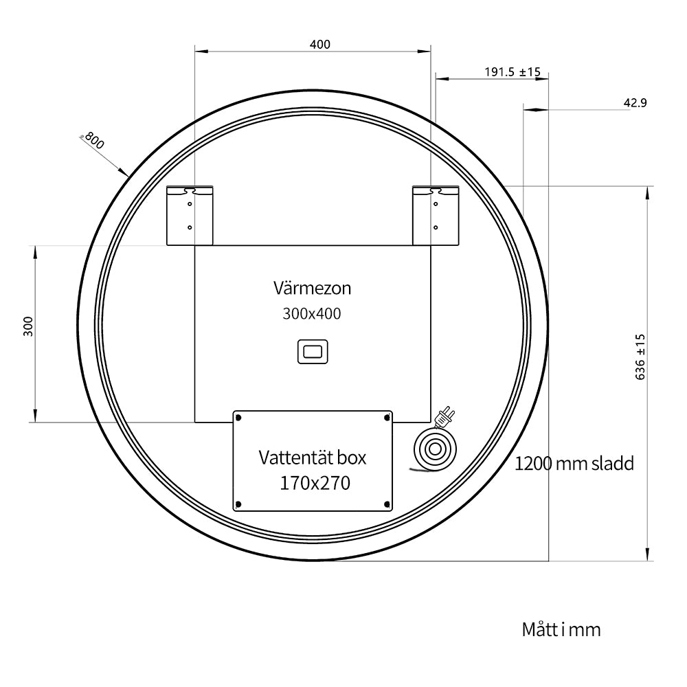 Rund spegel med LED-ljus och värme, Ø80 cm med svart ram