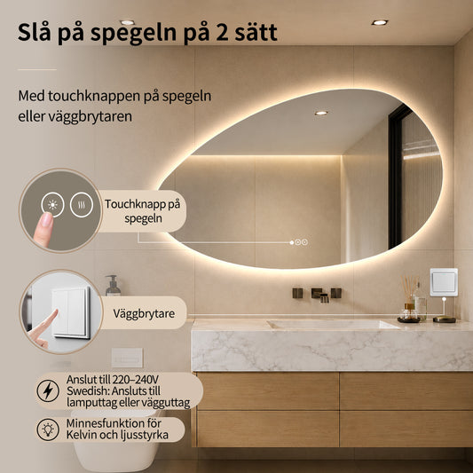 Asymmetrisk spegel med LED-ljus och värme, 120x75 cm (Högervänd)