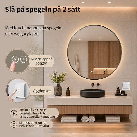 Rund spegel med LED-ljus och värme, Ø90 cm med svart ram