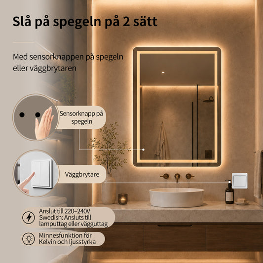 Fyrkantig spegel med Frontlight LED-ljus och värme 60x80 cm